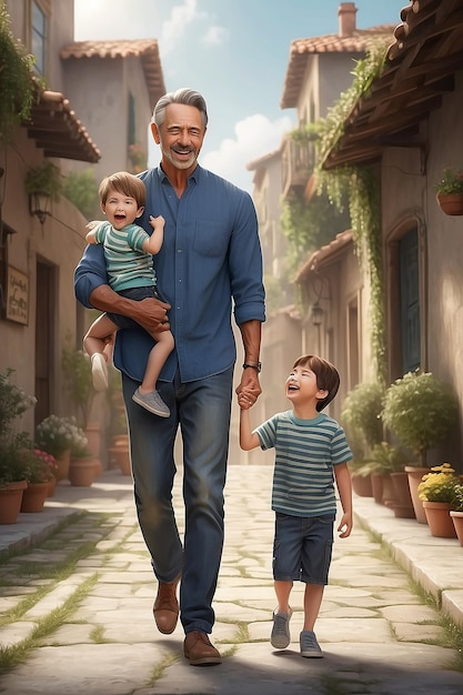 Scena di felicità fotorealista con padre e figlio