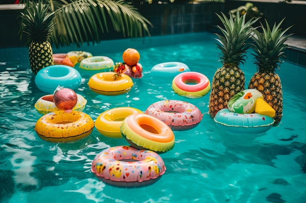 Scena di festa in piscina con un cocktail a tema tropicale luminoso e colorato
