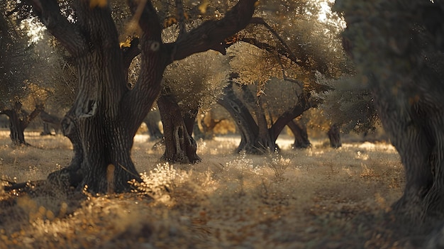 Scena di foresta incantata con alberi antichi contorti luce dorata che filtra attraverso le foglie carta da parati naturale serena atmosfera mistica AI