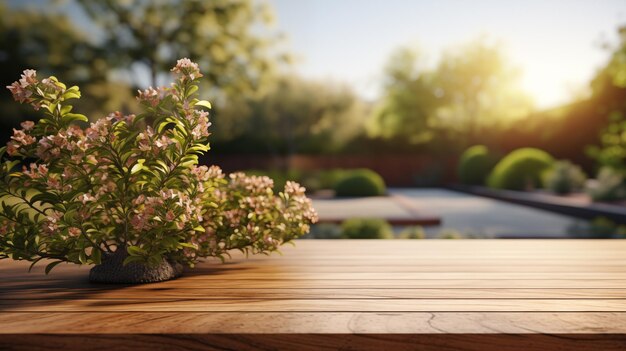 Scena di giardino con fogliame caldo illuminato dal sole e pianta in fiore su un tavolo di legno