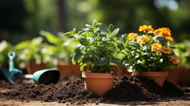 Scena di giardino primaverile con fiori, piante e attrezzi da giardino