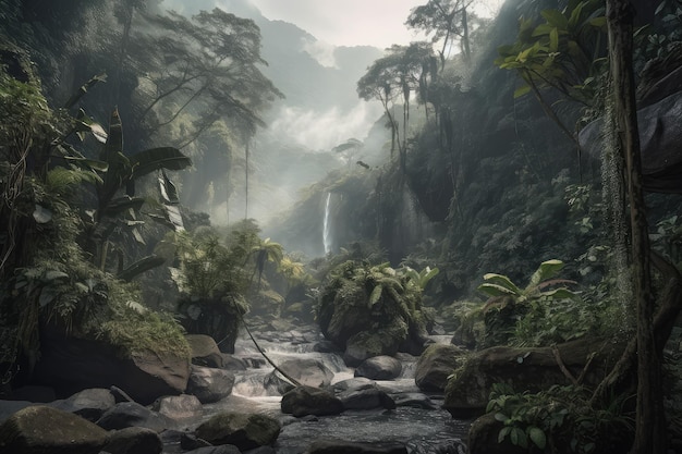 Scena di giungla fumosa con cascata circondata dal verde