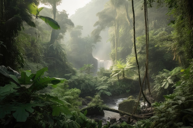 Scena di giungla fumosa con cascata circondata dal verde