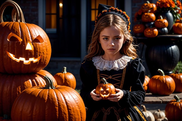 scena di Halloween arancione e nera con zucche e bambina sul portico