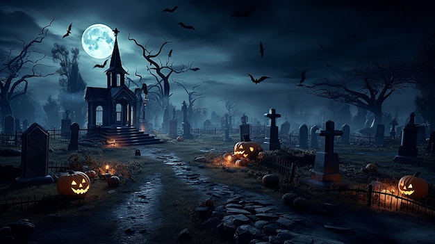 Scena di Halloween con festa di zucche e zombie nel cimitero al chiaro di luna sfondo horror