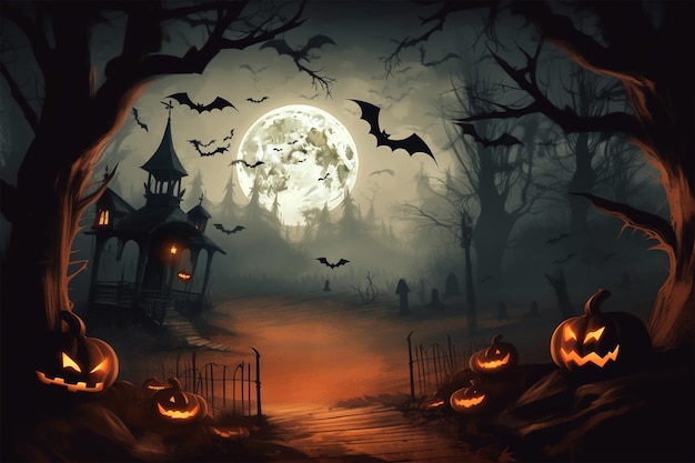 scena di halloween con pipistrelli di zucche e luna piena sullo sfondo