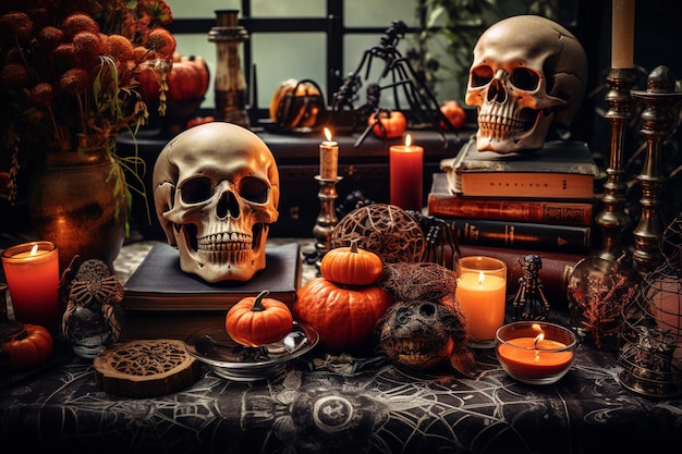 Scena di Halloween con un altare adornato con teschi, candele, un libro di magia oscura e fiori, il tutto su un panno nero