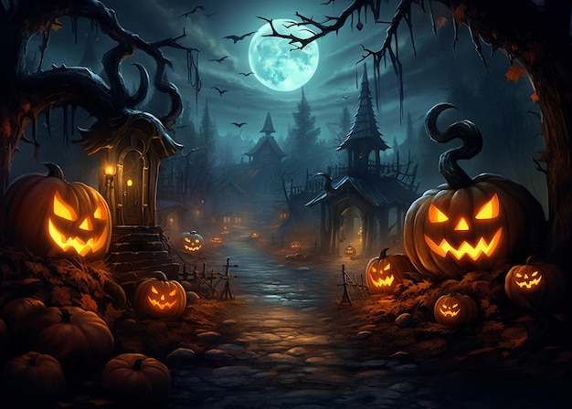 Scena di Halloween con zucche e cimiteri raccapriccianti di notte generativa ai