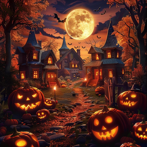 scena di halloween con zucche e una luna piena sullo sfondo generativa ai