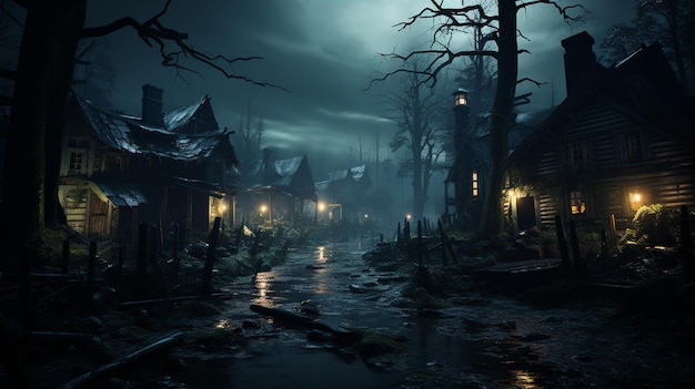 scena di halloween spettrale con casa spettrale, casa stregata e alberi spaventosi sfondo concetto di halloween spettrale
