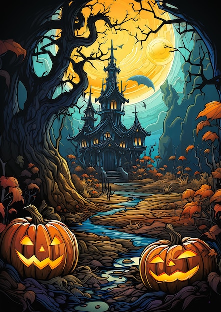 scena di halloween zucche castello sfondo illusione misterioso spaventoso foresta fantasma sotto foglio toon