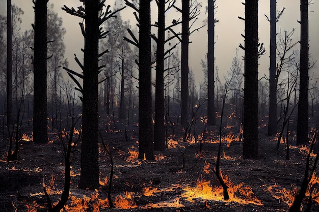 Scena di incendio boschivo nella foresta pluviale sullo sfondo del disastro ambientale della foresta pluviale con terribili conseguenze