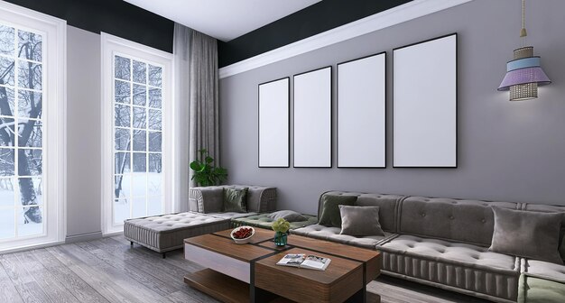 Scena di interior design del soggiorno moderno con mockup di cornice a quattro poster