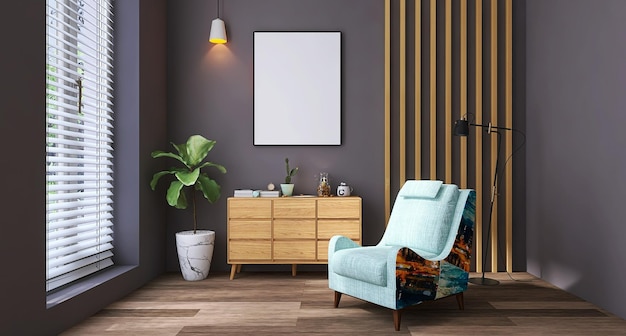 Scena di interior design soggiorno moderno con cornice poster vuota con pavimento in legno divano unità multimediale