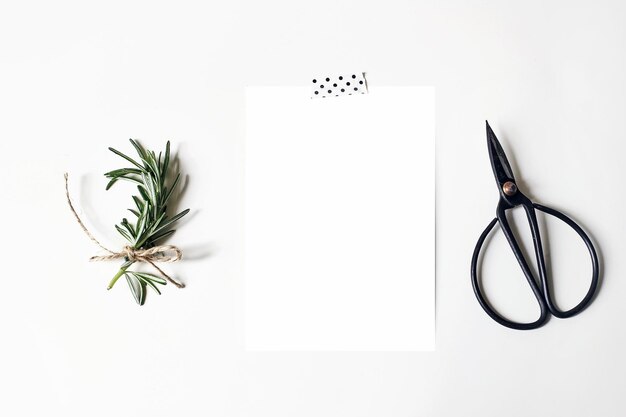 Scena di mockup desktop di cancelleria femminile Biglietto di auguri vuoto nastro di washi nero forbici vintage e erbe di rosmarino Sfondo tavolo bianco Vista dall'alto piatto laico Composizione rustica