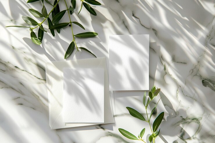 Scena di mockup di cancelleria di nozze carte di auguri di carta di cotone vuote inviti con foglie d'oliva