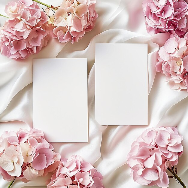 Scena di mockup di compleanno di matrimonio femminile Due biglietti d'auguri di carta bianca Sfondo di seta floreale rosa