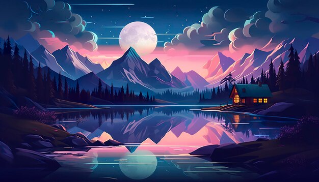 Scena di montagna al chiaro di luna casa accanto a un lago AI Generative