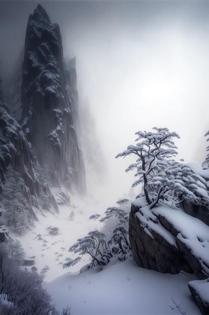 Scena di montagna innevata con un albero solitario in primo piano generativo ai