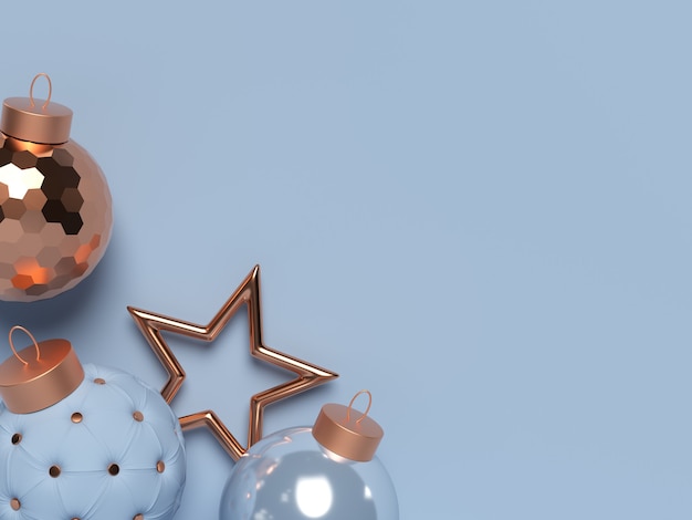 Scena di Natale 3D con palline decorative e stelle. Buon Natale e Felice Anno nuovo. Copia spazio. illustrazione della rappresentazione 3d.