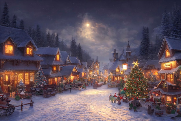 Scena di Natale all'aperto illustrazione di una casa di Natale con paesaggio invernale di neve in un villaggio