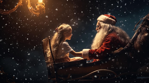 Scena di Natale con Babbo Natale e una ragazza che parlano La magia delle vacanze invernali cavalcando con l'intelligenza artificiale generata da Babbo Natale