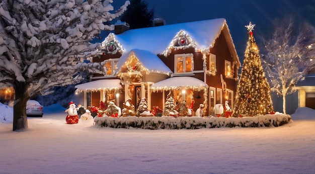 Scena di Natale con decorazioni di Natale neve sulle case luci di Natale albero di Natale