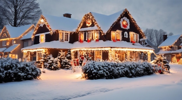 Scena di Natale con decorazioni di Natale neve sulle case luci di Natale albero di Natale