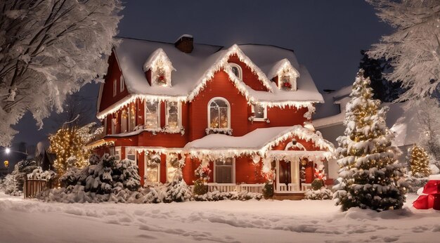 Scena di Natale con decorazioni di Natale neve sulle case luci di Natale albero di Natale