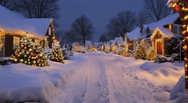 Scena di Natale con decorazioni di Natale neve sulle case luci di Natale albero di Natale