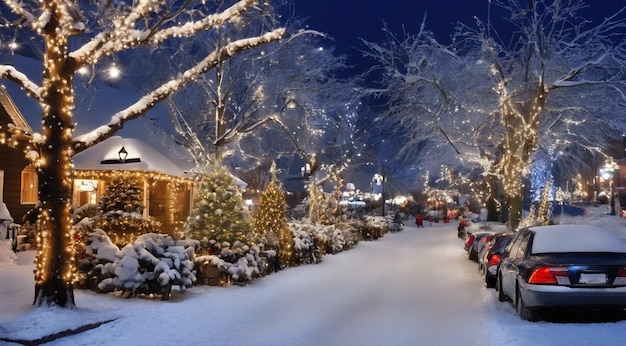 Scena di Natale con decorazioni di Natale neve sulle case luci di Natale albero di Natale