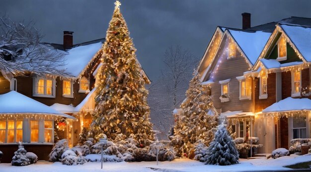 Scena di Natale con decorazioni di Natale neve sulle case luci di Natale albero di Natale