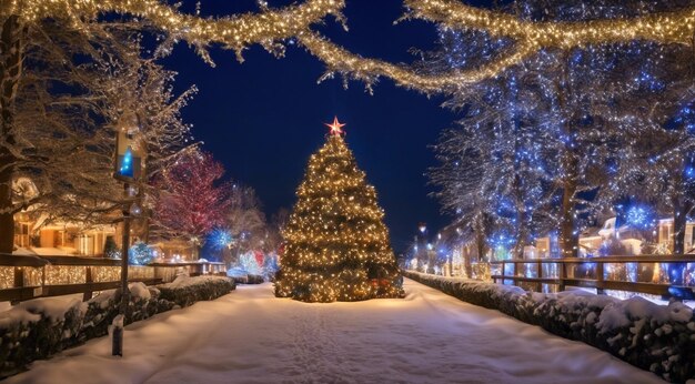 Scena di Natale con decorazioni di Natale neve sulle case luci di Natale albero di Natale