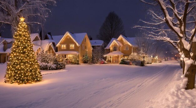 Scena di Natale con decorazioni di Natale neve sulle case luci di Natale albero di Natale