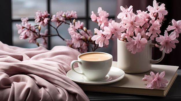 Scena di natura morta primaverile Tazza di libri di caffè e biglietto di auguri vuoto sul davanzale della finestra