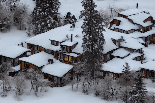 Scena di neve invernale una casa vicino al fiume sotto la neve spessa montagna di neve copriva il tetto