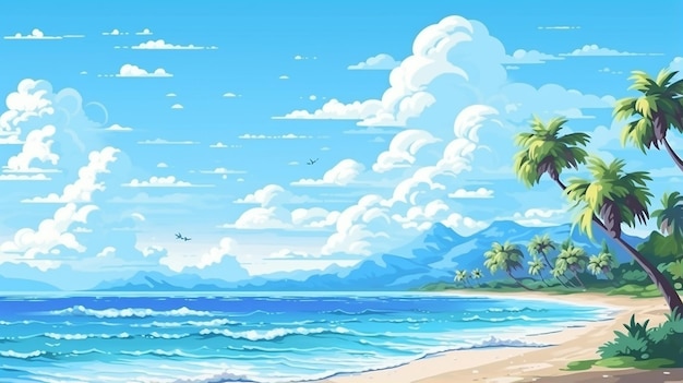 scena di paesaggio pixel art con bellissima spiaggia estiva sull'oceano