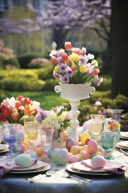 Scena di Pasqua Un vivace giardino primaverile pieno di fiori colorati in piena fioritura