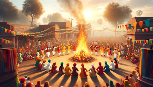 Scena di persone che celebrano il festival di Lohri durante il giorno