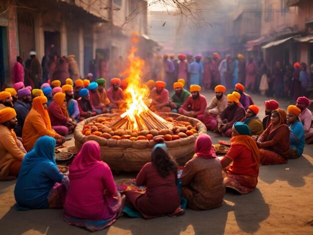 Scena di persone che celebrano la festa di Lohri durante il giorno sedute a forma rotonda colorata