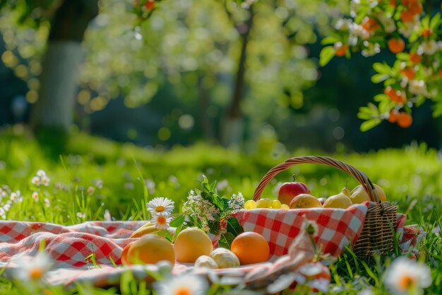 scena di picnic con un cesto di frutta e fiori circondato dal parco verde vacanza estiva