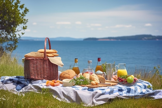 Scena di picnic estivo con vista sull'oceano o sul lago sullo sfondo