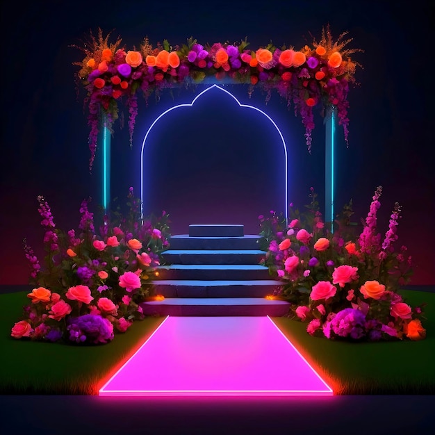 Scena di pietra islamica illuminata al neon con fiori di nozze in un giardino buio