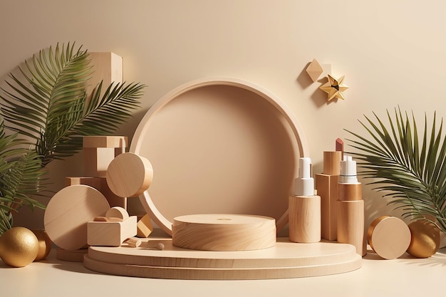 Scena di podio in forma geometrica in legno a cubo e cerchio per prodotti cosmetici sfondo beige palma