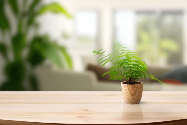 Scena di prodotto a tavolo di legno vuoto per la promozione dietro il soggiorno sfocato con pianta verde