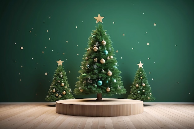 Scena di prodotto a tema verde natalizio con albero e stelle per promo o banner illustrazione 3D Premium Photo