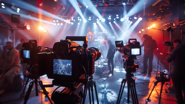 Scena di produzione video professionale con telecamere, illuminazione e troupe in studio che girano musica per programmi televisivi