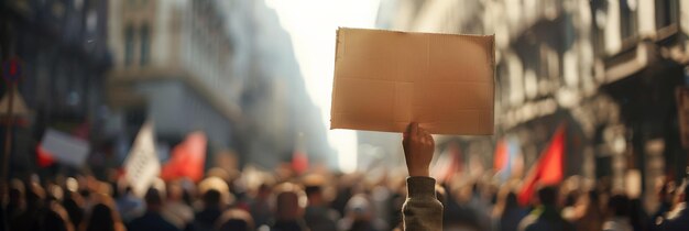 Scena di protesta retroilluminata con un individuo che tiene un cartello vuoto pronto per un messaggio