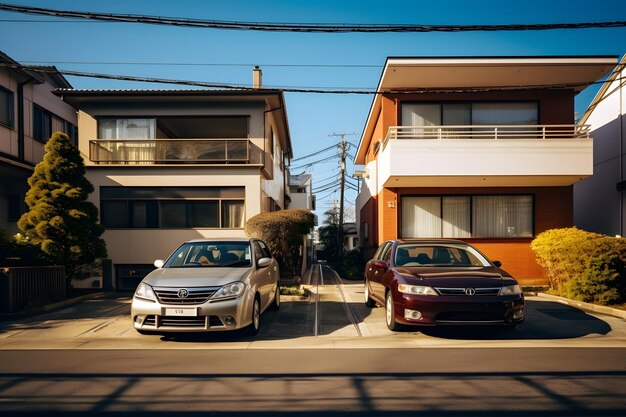 Scena di quartiere con auto allineate parcheggiate in strada davanti a una casa residenziale AI generativa