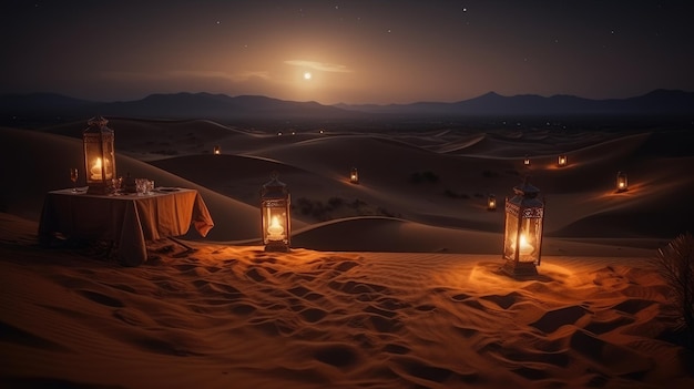 Scena di Ramadan nel deserto con lanterna di notte